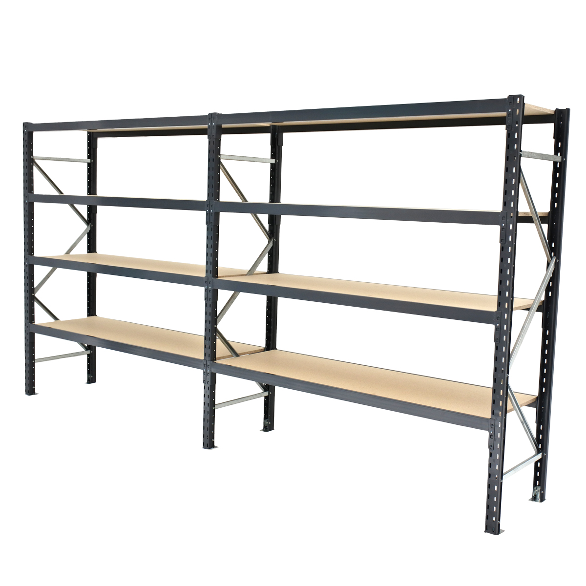 Longspan shelving with timber board shelves